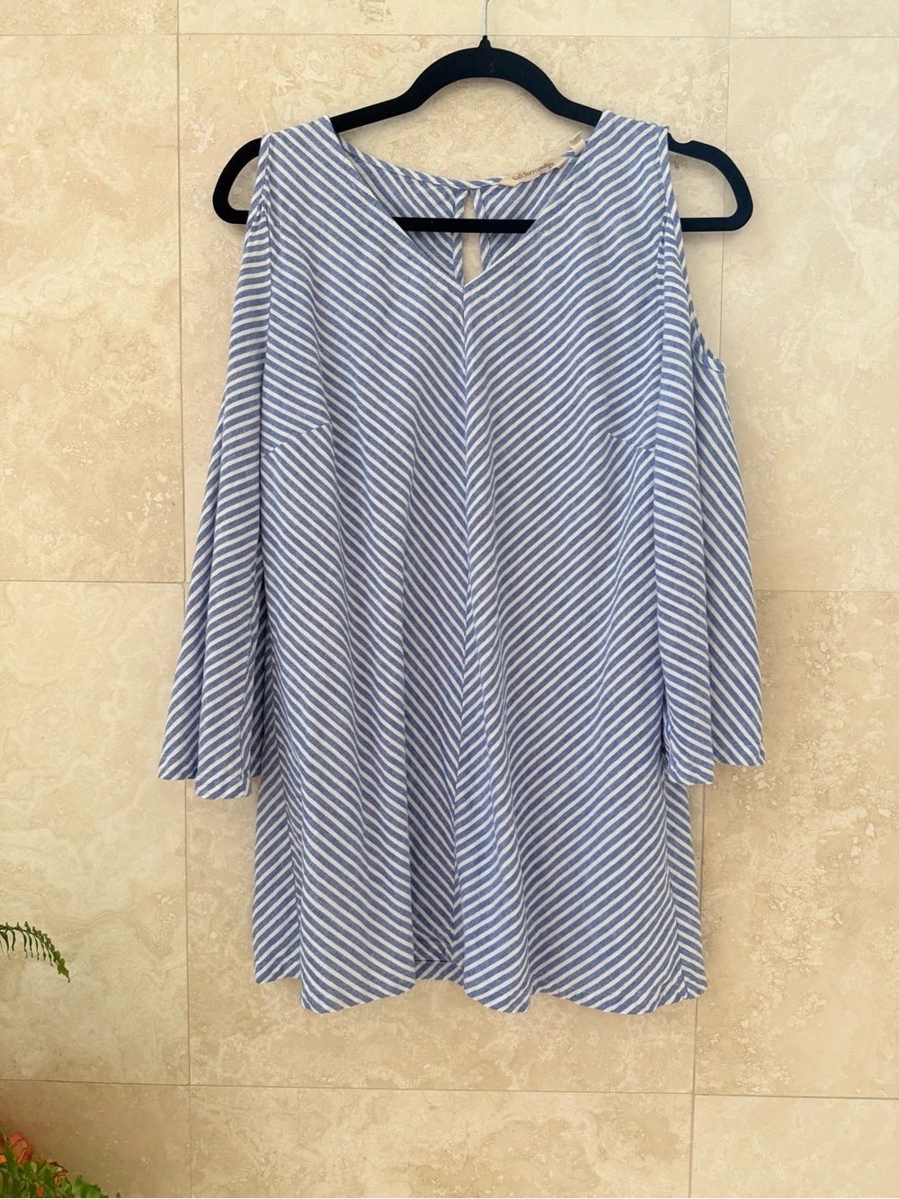 Soft Surroundings Blue White Stripe Linen Blend Cold Shoulder Tunic M EUC